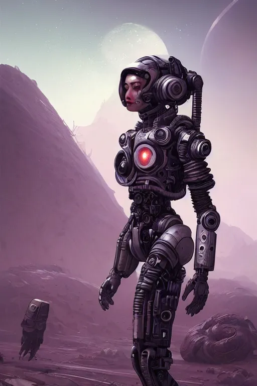 Image similar to ultra realistic style illustration, beautiful alluring nasa cyborg in an apocalyptic wasteland, gorgeous face, cyberpunk, sci - fi, fantasy, intricate, elegant, highly detailed, digital painting, artstation, concept art, smooth, sharp focus, illustration, art by mansik yang and rashed alakroka and simon stalenhag and wlop