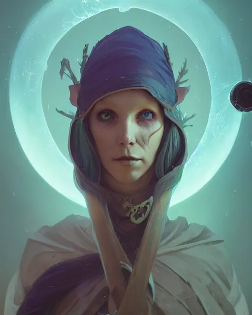 Image similar to highly detailed surreal vfx portrait of a elfpunk mage grim reaper, stephen bliss, unreal engine, greg rutkowski, loish, rhads, beeple, makoto shinkai and lois van baarle, ilya kuvshinov, rossdraws, tom bagshaw, alphonse mucha, global illumination, detailed and intricate environment