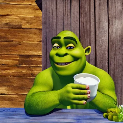 Prompt: shrek drinking banana smoothie. sitting at table. donkey by his side