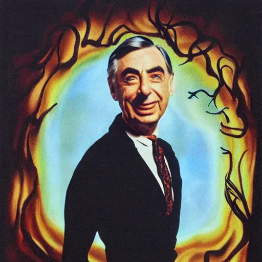 Image similar to fred rogers gothic horror chic portrait diffusion glow smoke fire, art by salvador dali
