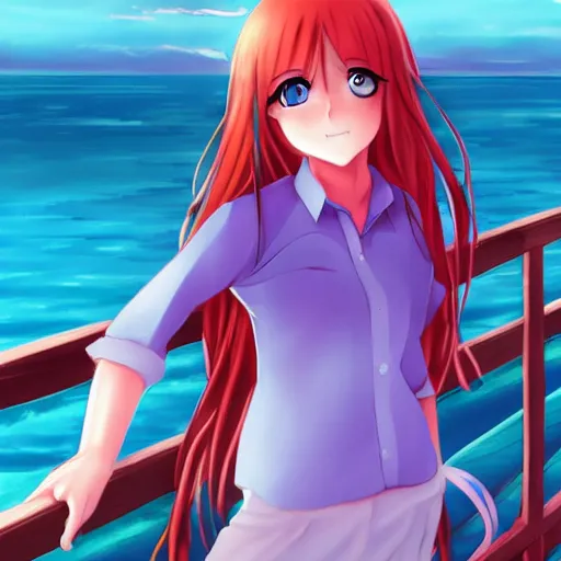 Prompt: one anime girl looking like amy adams, standing on a pier, blue shiny eyes, looking at the camera, cute, the ocean as background at twilight, big moon above the water, colorful, magical, smooth, extremely detailed, devianArt