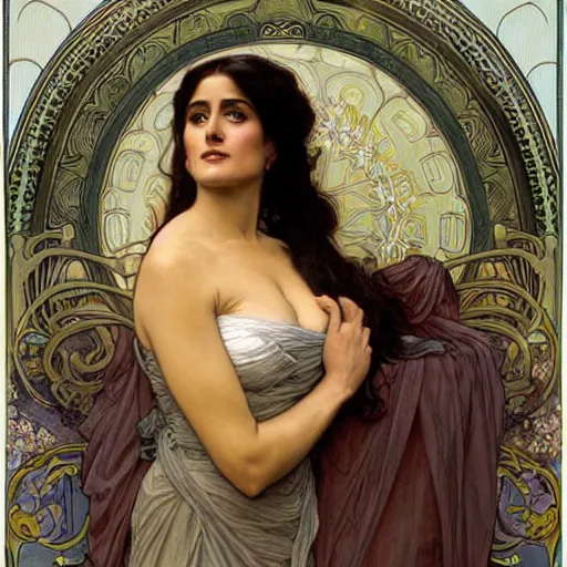 Image similar to detailed portrait art nouveau painting of salma hayek, by Alphonse Mucha, Michael Whelan, William Adolphe Bouguereau, John Williams Waterhouse,and Donato Giancola