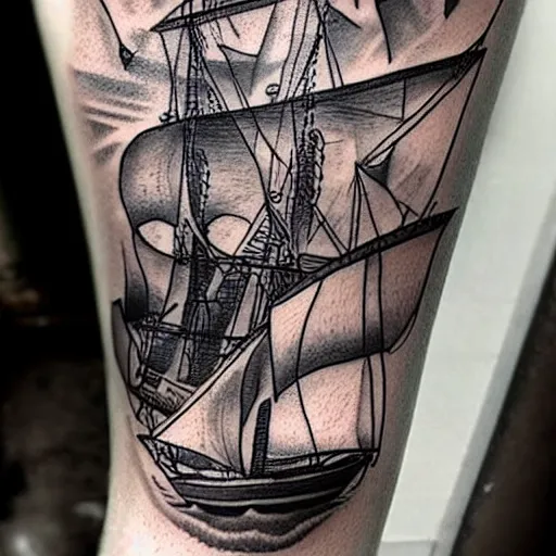 Prompt: a pirate ship sailing in the sea, realism tattoo design, amazing shades, clean white paper background, by Matteo Pasqualin tattoo artist