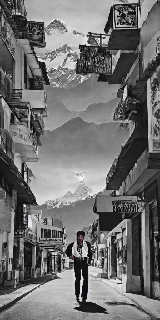 Prompt: a concept art of elvis presley in the streets of la paz, with the illimani in the background, profesional photography, 1 4 mm, cinematic photography, high resolution, artstation, digital painting, 4 k