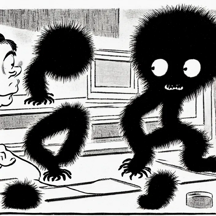 Prompt: a still frame from comic strip, black fluffy hairy furry spider on a clean background 1 9 5 0, herluf bidstrup, new yorker illustration, monochrome contrast bw, lineart, manga, tadanori yokoo, simplified,