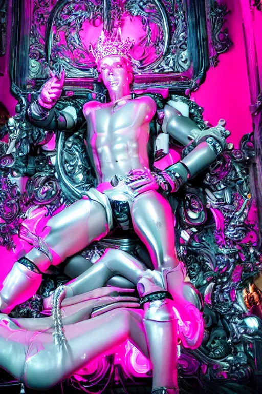 Image similar to full-body rococo and cyberpunk style neon statue of a muscular attractive Colby O'Donis macho dotado e rico android sim roupa reclining con las piernas abertas e la piroca dura, glowing white laser eyes, prince crown of pink gears, diamonds, swirling silver-colored silk fabric. futuristic elements. full-length view. space robots. human skulls. intricate artwork by caravaggio. Trending on artstation, octane render, cinematic lighting from the right, hyper realism, octane render, 8k, depth of field, 3D