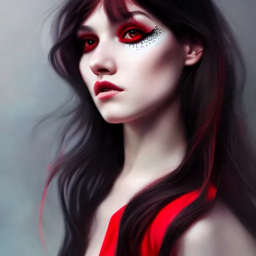 Prompt: a realistic illustration portrait of a beautiful cute girl with wavy black and red hair, a pointy nose and, round chin black eyeliner, trending on artstation, hyper - realistic lighting, intricate, ross tran, realistic hair