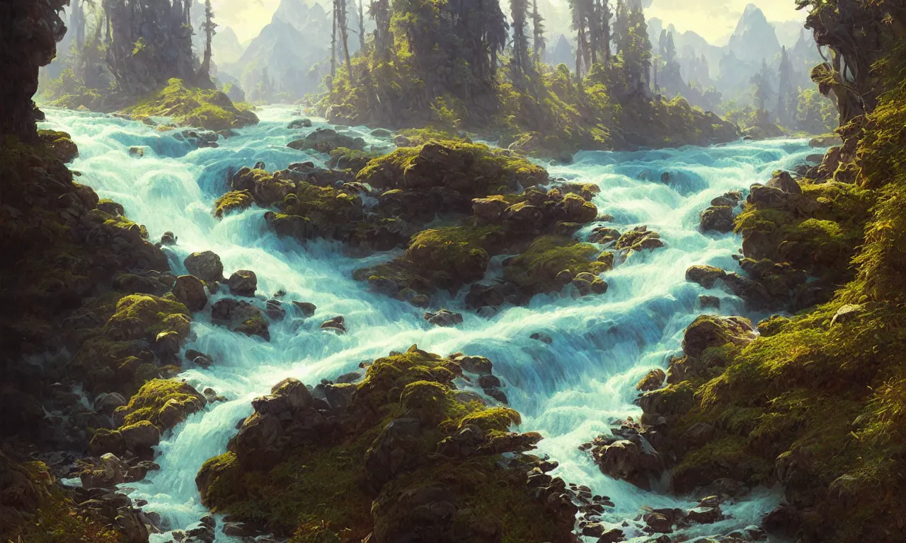 Image similar to Mountain river flows through a fantasy landscape gorge. A big blue lake in the middle of the mountains. Fabulous nature, amazing seascape, highly detailed, digital painting, artstation, concept art, smooth, sharp focus, illustration, art by greg rutkowski and alphonse mucha