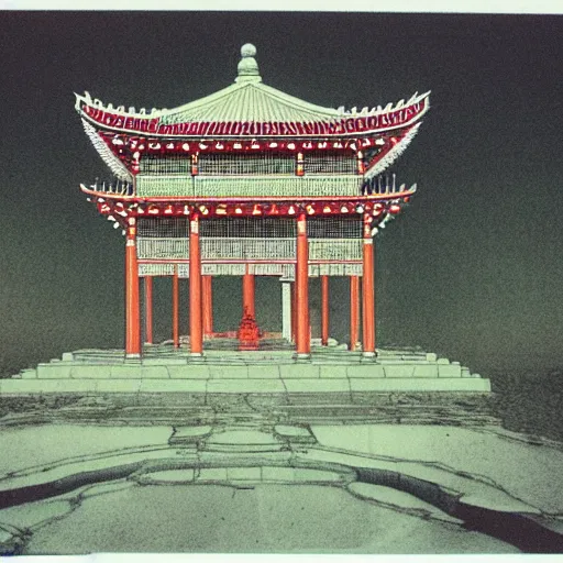 Prompt: a huge glass ceramic transparent temple, greek, indian, chinese, by tarkovsky, weird, eerie, surreal, risograph