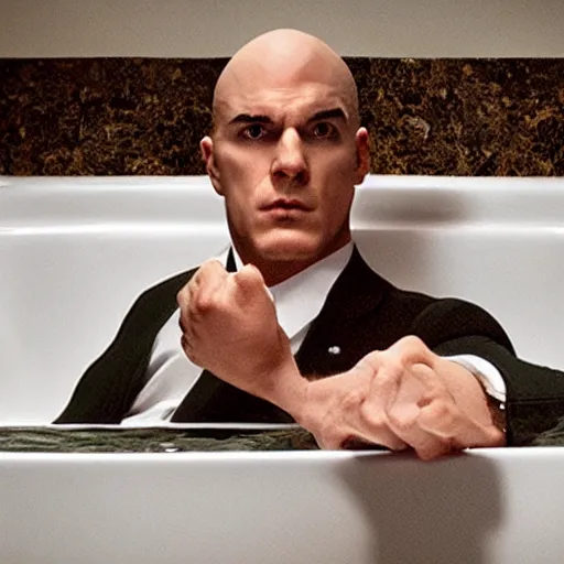 Prompt: photo of hitman agent 4 7 sitting in bathtub