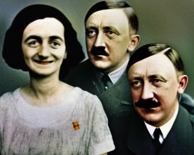 Image similar to a colourised and restored photo of Adolf Hitler together with Anne Frank as a happy couple, high quality, 8k,