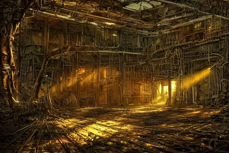 Image similar to a rusty metal skeleton in the interior of an old abandoned sci - fi hangar an old oak tree grows inside the courtyard golden rays of sunlight enter through the window gold neon lights digital art trending artstation