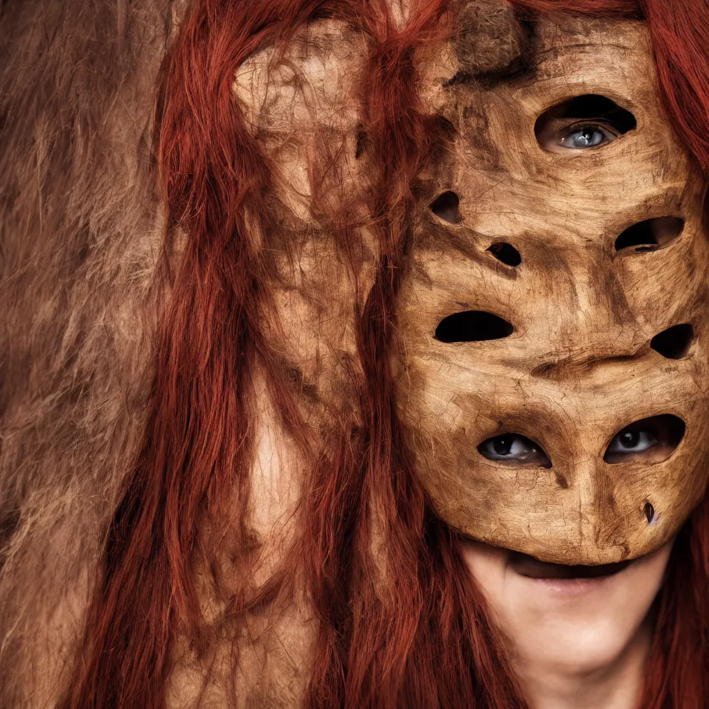 Image similar to woman with wooden mask, long red hair highly detailed, 8 k, hdr, smooth, sharp focus, high resolution, award - winning photo