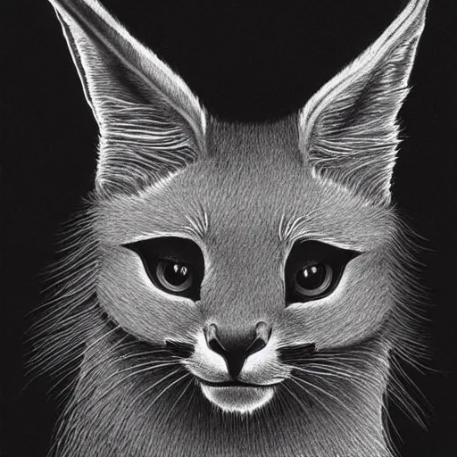 Image similar to cute fluffy caracal, black ink on paper, trending on artstation, beautiful, intricate, detailed