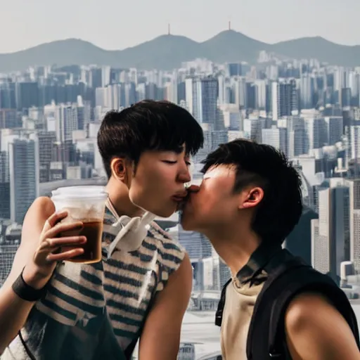 Image similar to two gay korean boys holding ice coffee while kissing outside looking over the city of seoul