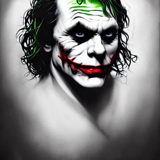 Prompt: an ultra - realistic portrait painting of the joker in the style of frank frazetta. 4 k. ultra - realistic. highly detailed. dark fantasy. epic lighting.