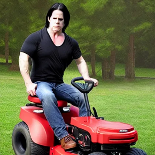 Image similar to glenn danzig on a riding lawn mower,