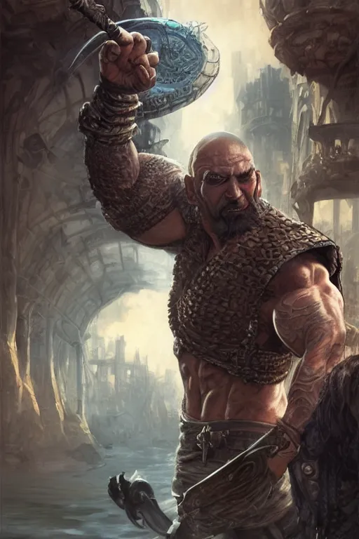 Prompt: ultra realistic illustration, hulking herculean dave bautista as a rogue pirate thief from baldurs gate and diablo, intricate from baldurs gate, elegant, highly detailed, digital painting, artstation, concept art, smooth, sharp focus, illustration, art by artgerm and greg rutkowski and alphonse mucha