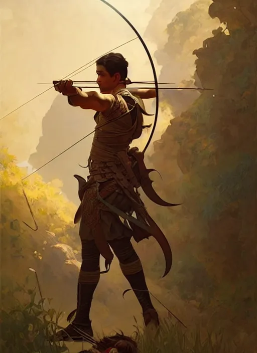 Prompt: portrait of an archer, sharp focus, illustration, highly detailed, digital painting, concept art, matte, art by wlop and artgerm and greg rutkowski and alphonse mucha, masterpiece