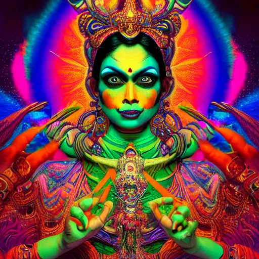 Prompt: An extremely psychedelic experience, colorful, surreal, dramatic lighting, Hindu Goddess Kali Ma, LSD, face, detailed, intricate, elegant, highly detailed, digital painting, artstation, concept art, smooth, sharp focus, illustration, art by Sam Spratt, Dan Mumford, Artgem and Alphonse Mucha