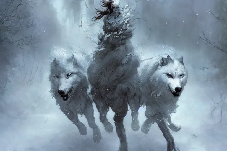 Image similar to white wolves running in white snow painted by Bastien Lecouffe-Deharme and Cedric Peyravernay, trending on artstation, Frank Frazetta, 4k, 8k, HD