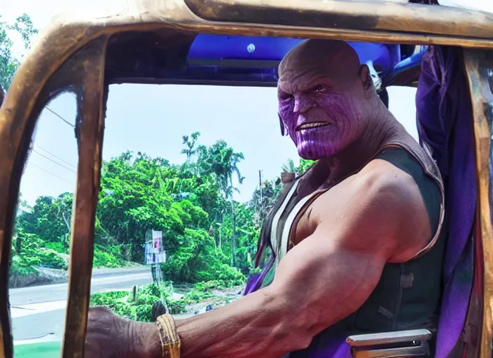 Prompt: thanos wearing a tanktop in a jeepney, real life photograph, award winning photograph, 4 k, high definition