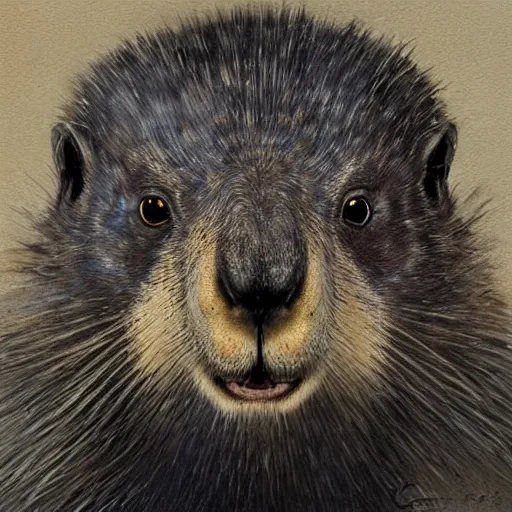 Prompt: portrait of a Marmot in a black cloak,  glowing eyes, detailed face, highly detailed, cinematic lighting, digital art painting by greg rutkowski.