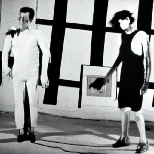 Image similar to DEVO plays on a small stage in David Lynch's film Eraserhead, 1977, black and white