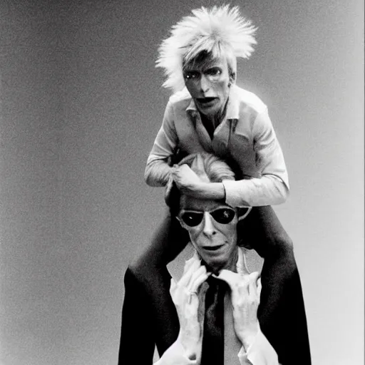 Image similar to david bowie from changes giving a piggy back ride to ziggy stardust. in the style of marcel duchamp.