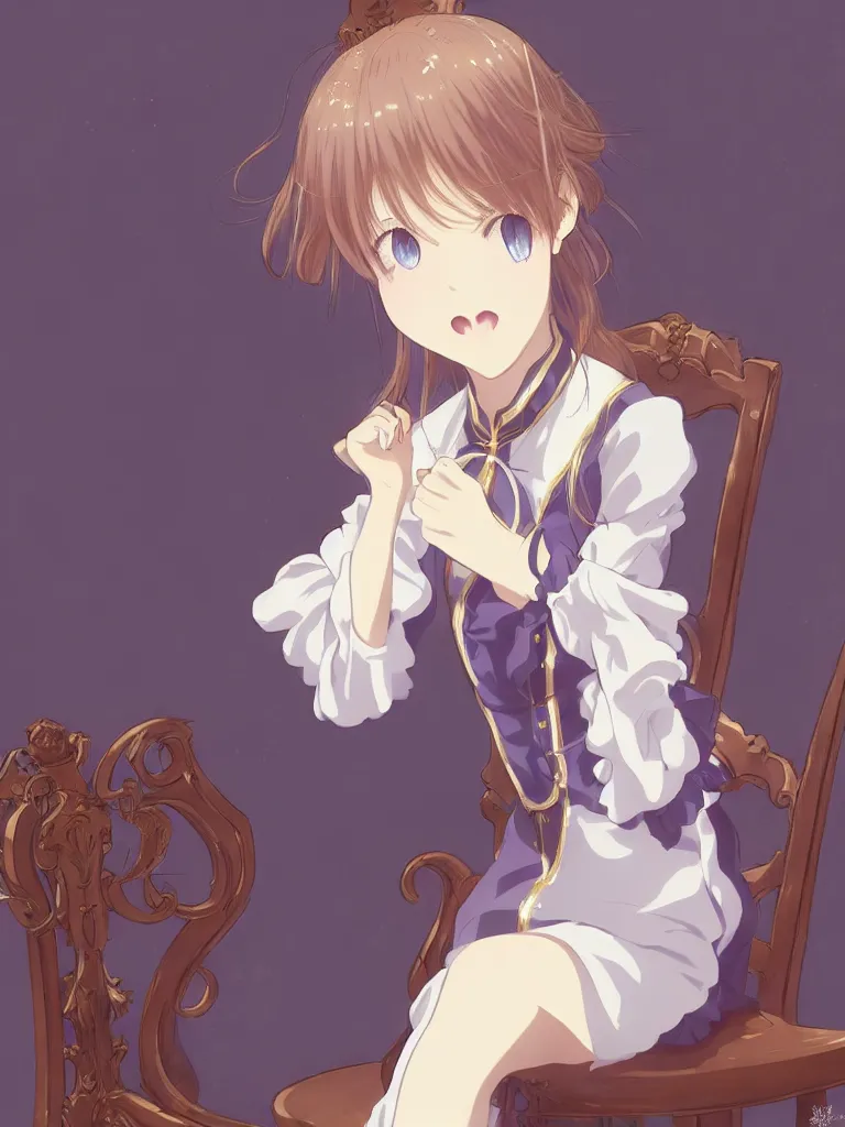 Image similar to a character portrait of violet evergarden, sitting down on a chair in a victorian home background, style of kyoto animations, trending on pixiv, anime, high detail, character accurate