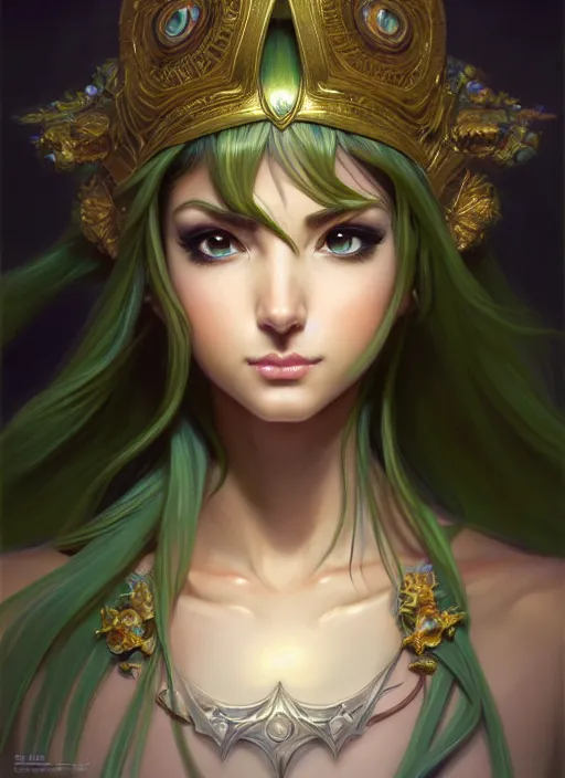 Image similar to portrait, head and torso only, palutena, concept art, digital illustration, by rossdraws, frank franzzeta, intricate, elegant, hyper detailed, ultra definition, photoreal, artstation, unreal engine rendered, concept art, smooth, sharp focus, illustration, art by artgerm and greg rutkowski and alphonse mucha and garis edelweiss