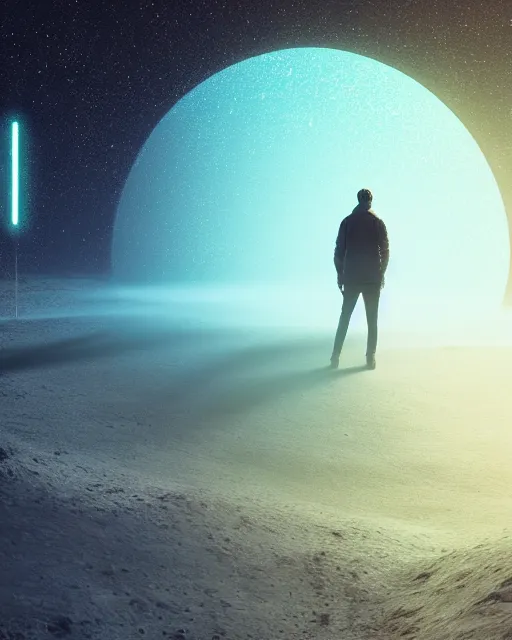 Image similar to a person standing in front of a glowy open door that's on a barren moon, poster art by mike winkelmann, trending on cg society, space art, sci - fi, ue 5, futuristic, volumetric lighting