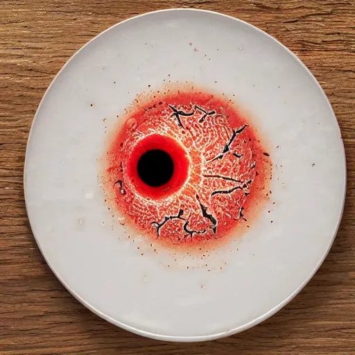 Prompt: an eyeball sitting on a plate and slowly melting into a puddle of good