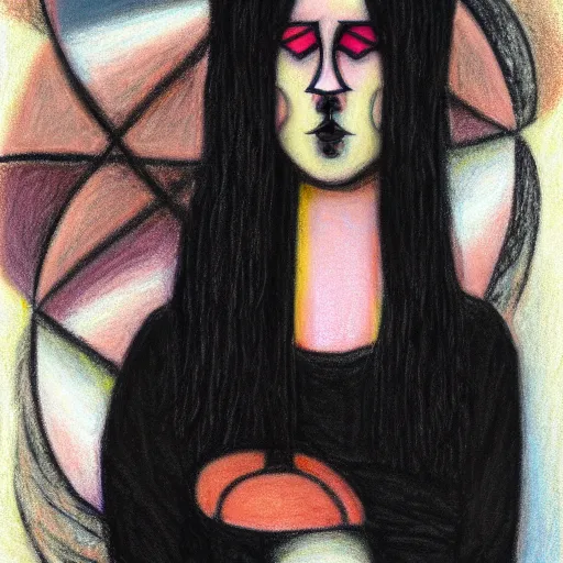 Image similar to a woman with long hair and a black shirt, a pastel by minerva j. chapman, tumblr contest winner, cubism, goth, gothic, messy