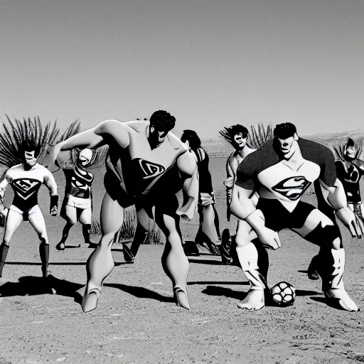 Image similar to supermen and hulk playing soccer at desert, a crowd watching they play