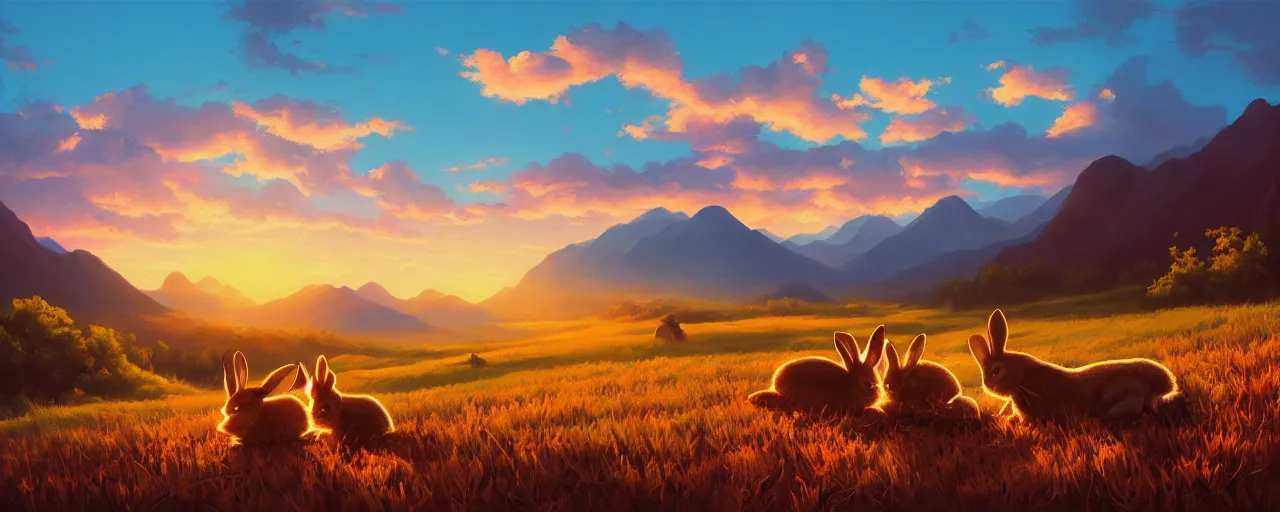 Image similar to bunnies hopping around in a beautiful nature landscape with clouds, mountains, in background, sunset, by rhads