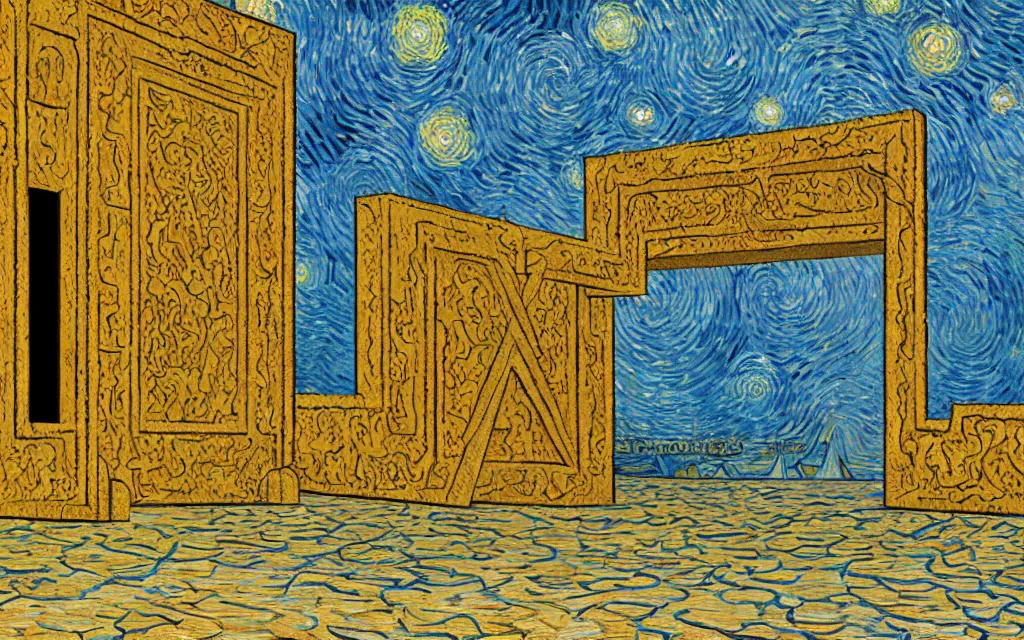 Image similar to rectangular portal gate to another world. fractal. retro minimalist art by jean giraud and van gogh