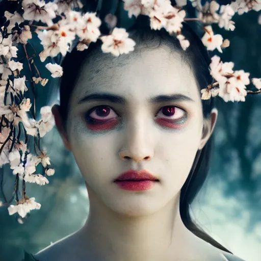 Image similar to masterpiece closeup portrait of a female angel with a dark armour a surreal landscape with Sakura blossoms, cinematic lighting, Jayison Devadas style, 8k