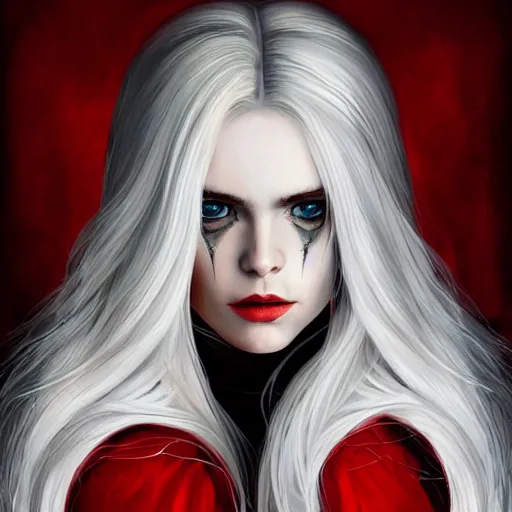 Prompt: stunning comic book style portrait painting of Long White Haired beautiful european woman wearing red dress holding black blade, red eyes, in the style of WLOP, 8k masterpiece, cinematic lighting, pristine clean design, high fantasy, insanely detailed, atmospheric,