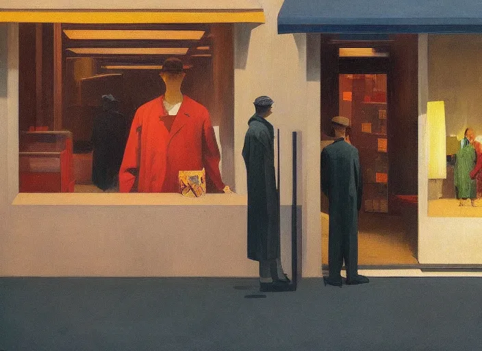 Prompt: people wearing paper bags inside paper bags at store display Edward Hopper and James Gilleard, Zdzislaw Beksinski, highly detailed