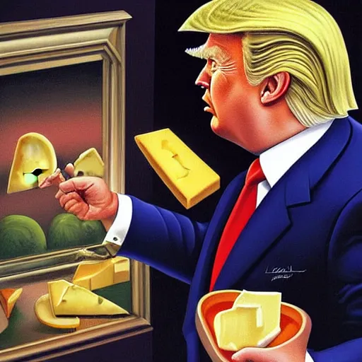 Prompt: a very shifty Donald Trump sneaking around stealing cheese painted by Greg Hildebrandt