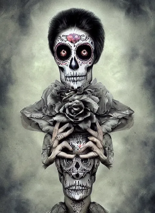 Image similar to dia de los muertos hombre theme surrealist art in the styles of igor morski, jim warren, and a tim burton film, intricate, masculine, hyperrealistic, accurate facial details, profile picture with chromakey!!!!! background, volumetric lighting