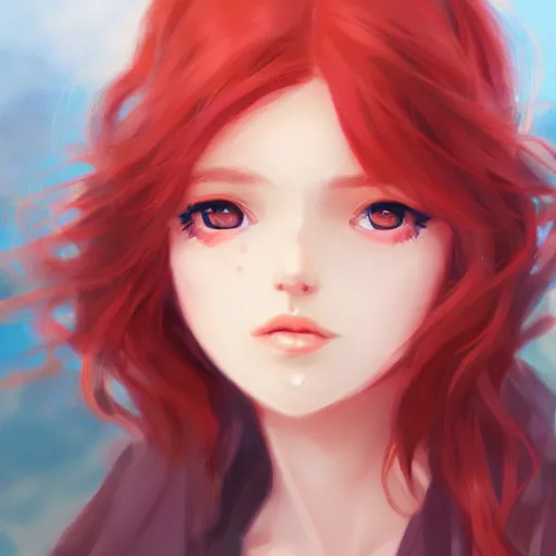 Prompt: a girl with red hair sitting on a rock, digital art, very beautiful face, pretty face, very detailed eyes, full body illustration, 8 k resolution, soft painting, by hidari and krens cushart