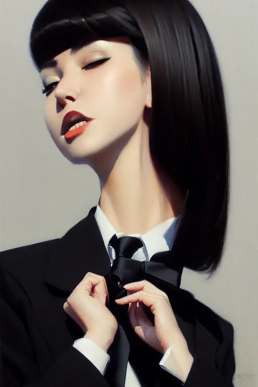 Image similar to a ultradetailed beautiful panting of a stylish woman wearing a black loose fit suit with a tie, oil painting, by ilya kuvshinov, greg rutkowski and makoto shinkai, trending on artstation