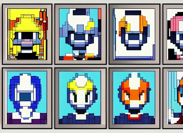 Image similar to 3 rows of 3 framed closeup face portraits of cute evil robots, in the style of mega man, as high - resolution pixel - art.