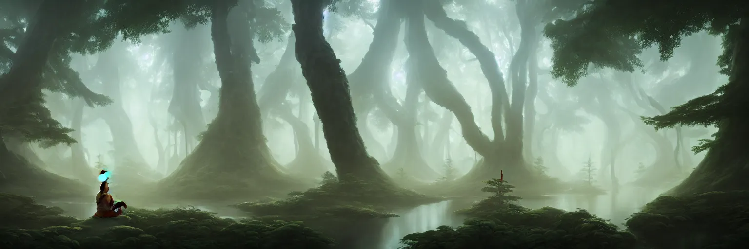 Image similar to Mysterious beautiful Buddhist forest, matte painting by Peter Mohrbacher, featured in artstation, octane render, cinematic, elegant, intricate, 8k