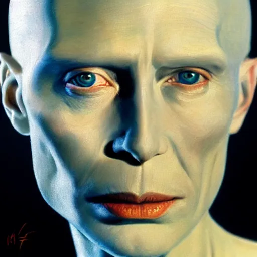 Image similar to ultra realistic portrait painting of tilda swinton as lord voldemort, art by frank frazetta, 4 k, ultra realistic, highly detailed, epic lighting