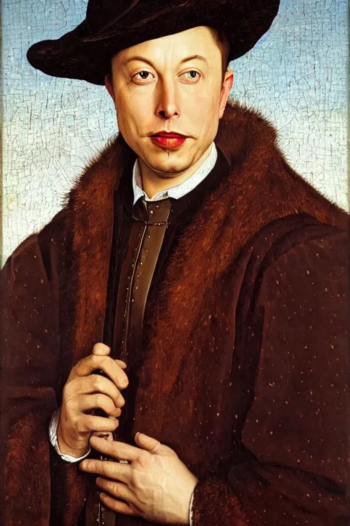 Image similar to portrait of elon musk, oil painting by jan van eyck, northern renaissance art, oil on canvas, wet - on - wet technique, realistic, expressive emotions, intricate textures, illusionistic detail