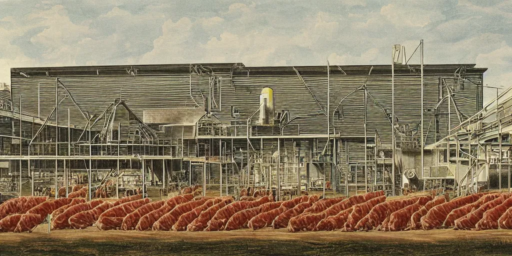 Image similar to painting of a meat processing plant, hariton pushwagner