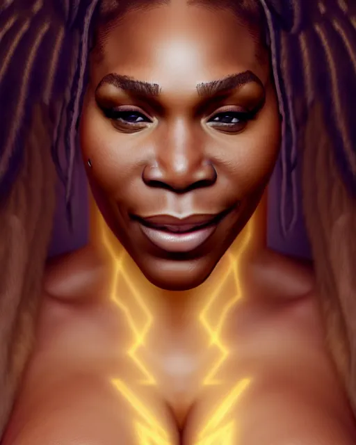 Prompt: Serena Williams as angelic seductress in heaven, au naturel, hyper detailed, digital art, trending in artstation, cinematic lighting, studio quality, smooth render, unreal engine 5 rendered, octane rendered, art style by klimt and nixeu and ian sprigger and wlop and krenz cushart